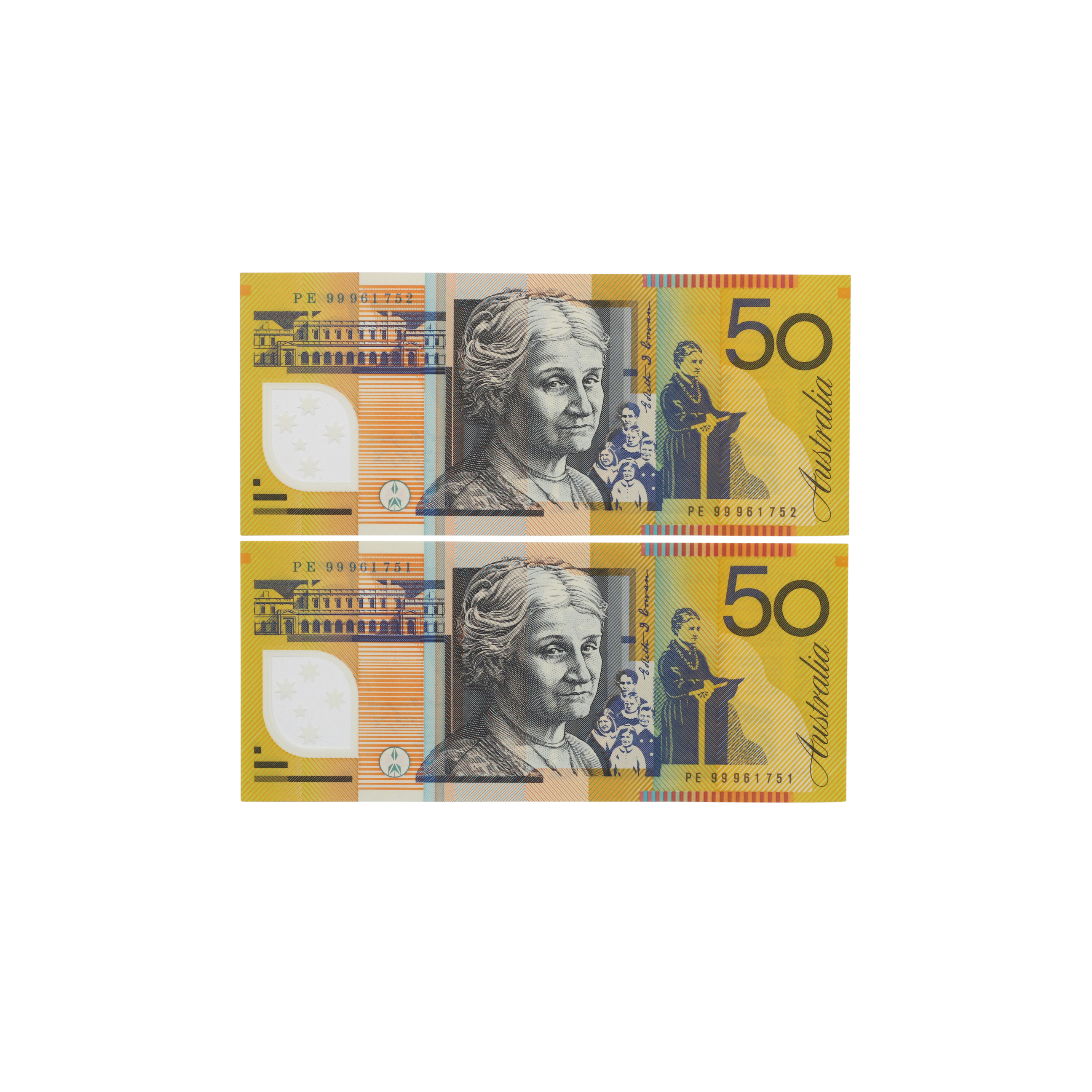2327. · Consecutive Pair, Elizabeth II, Fifty Dollars, 1999, UNC