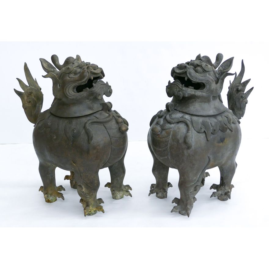 Pair Chinese Bronze Luduan Large Censers