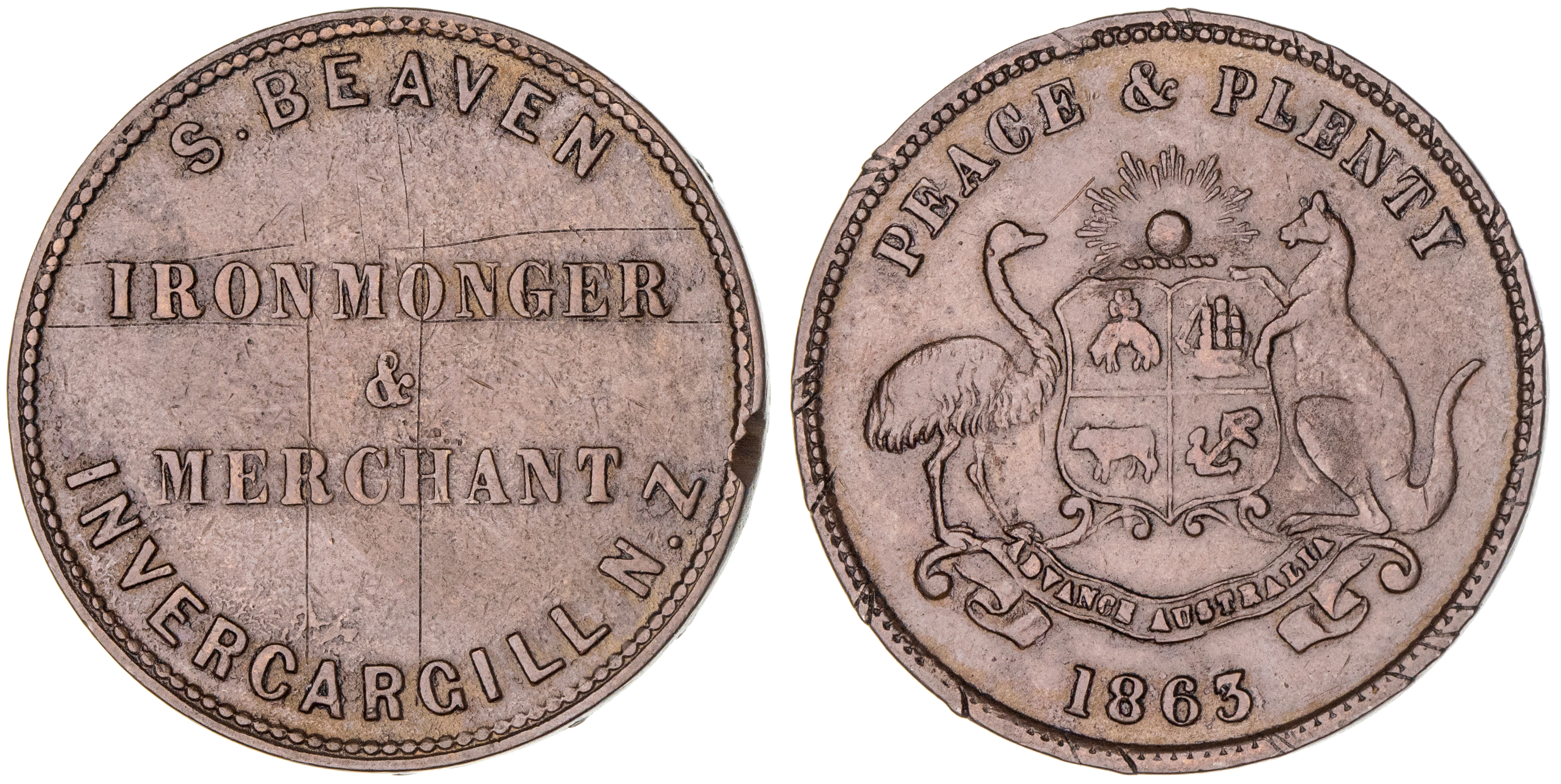 484 · New Zealand, S. Beaven, Invercargill, Penny, 1863, gFine