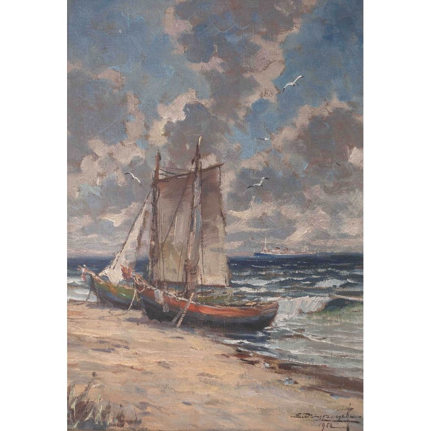 Eugeniusz Dzierzencki | Łodzie na brzegu, 1950 r.