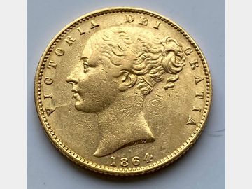 1864 VICTORIA YOUNG HEAD #DIE 34 SHIELD GOLD SOVEREIGN