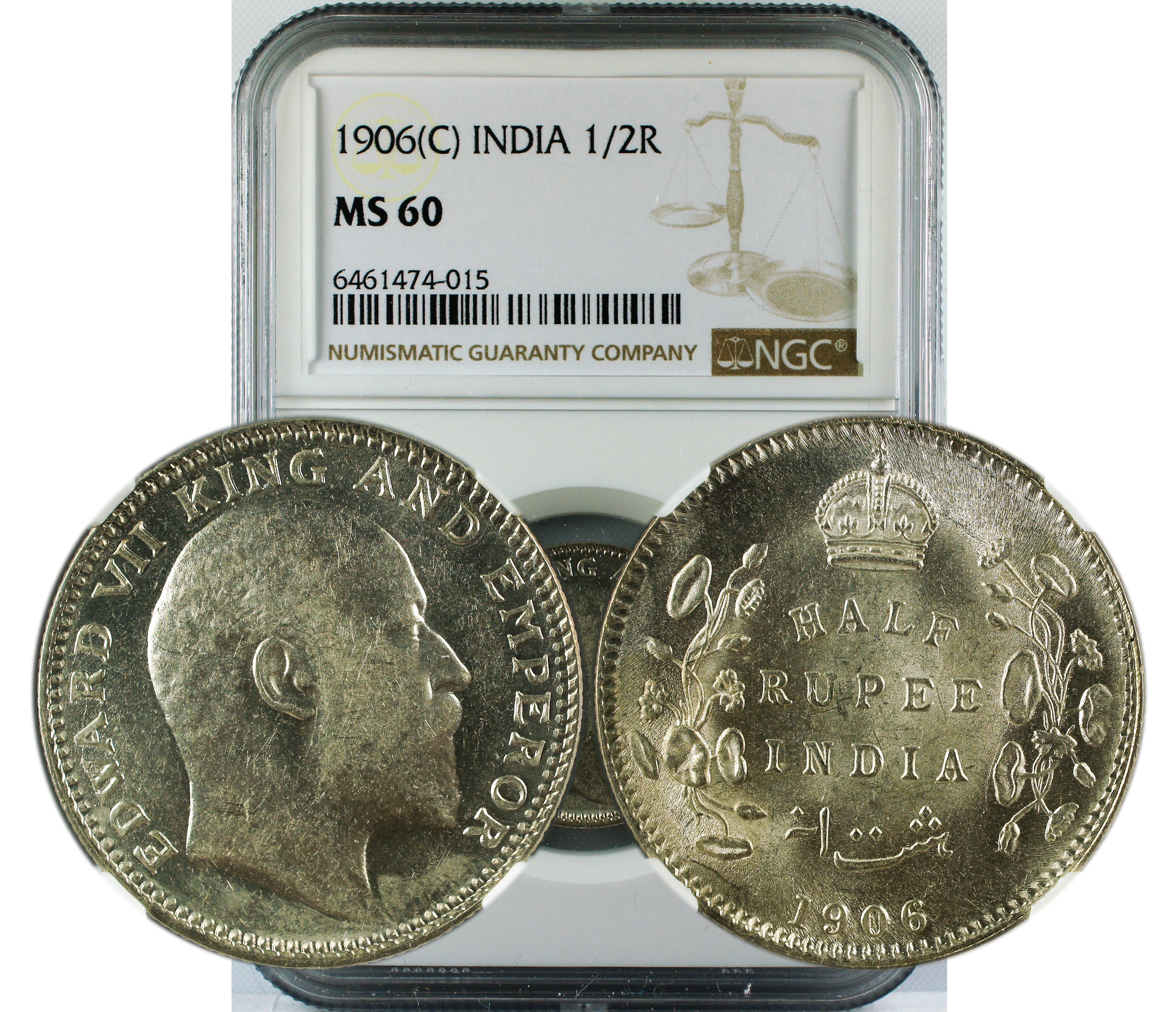 1906 C INDIA 1/2 RUPEE MS60