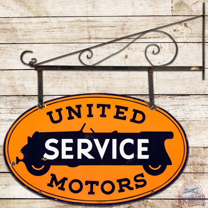 4' United Motors Service DS Porcelain Sign & Hanging Bracket