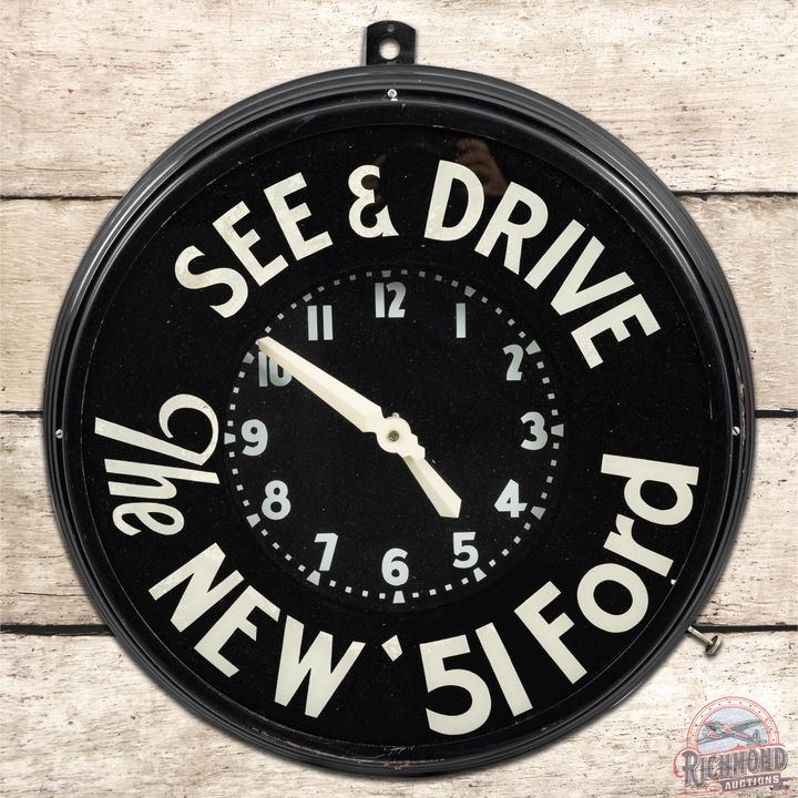 See & Drive The New '51 Ford Glo Dial Neon Advertising Clock - 8.5