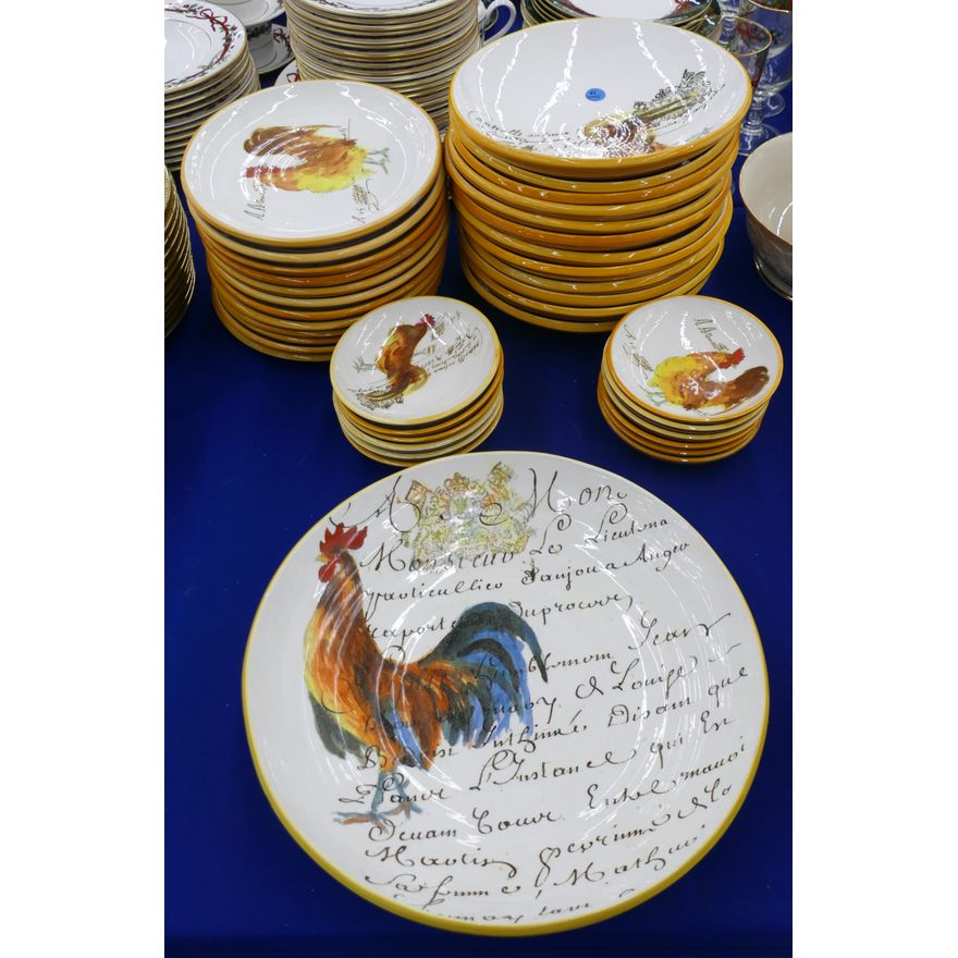 37pc William Sonoma Rooster Script Dishes