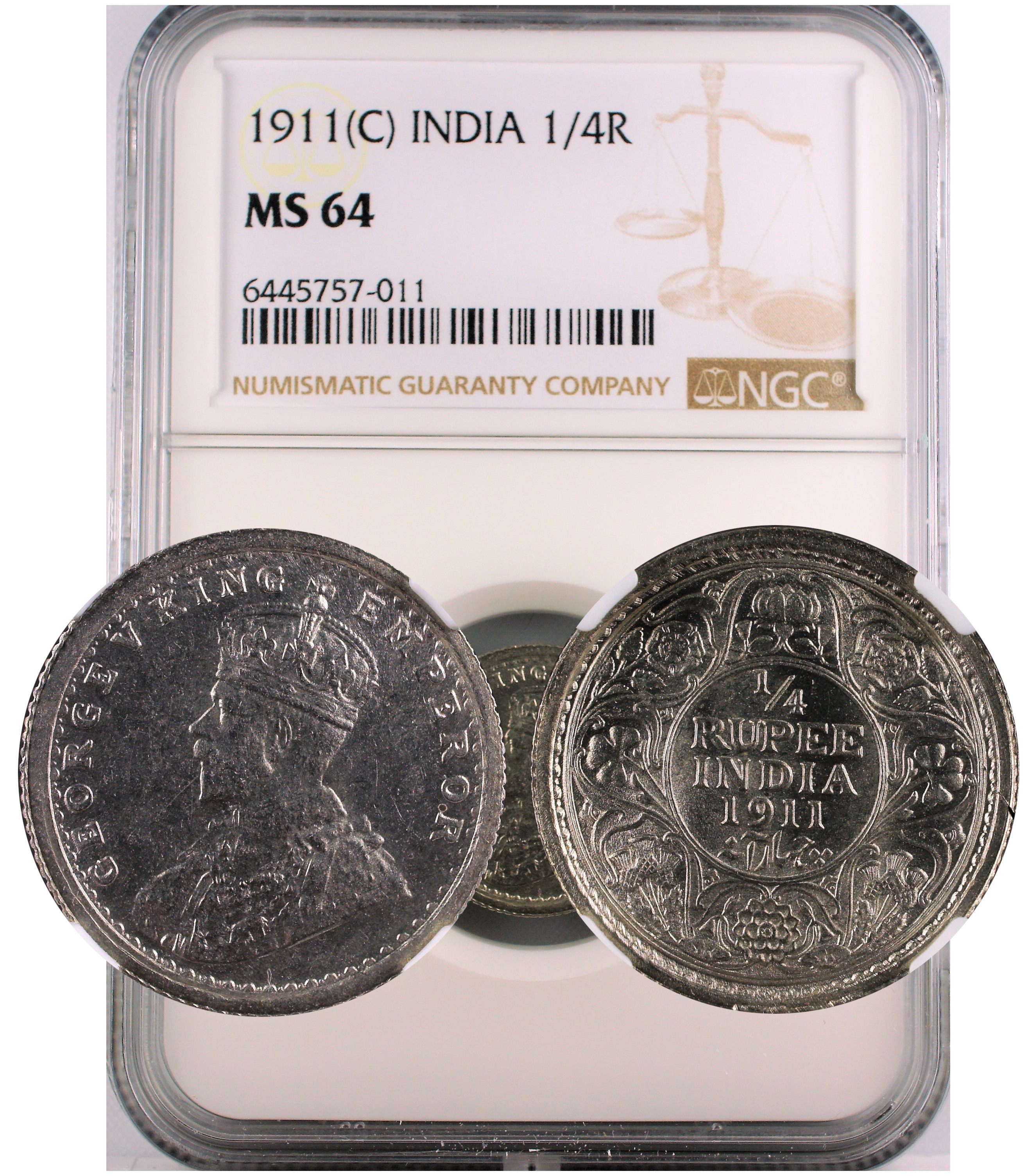1911 C INDIA 1/4 RUPEE MS64
