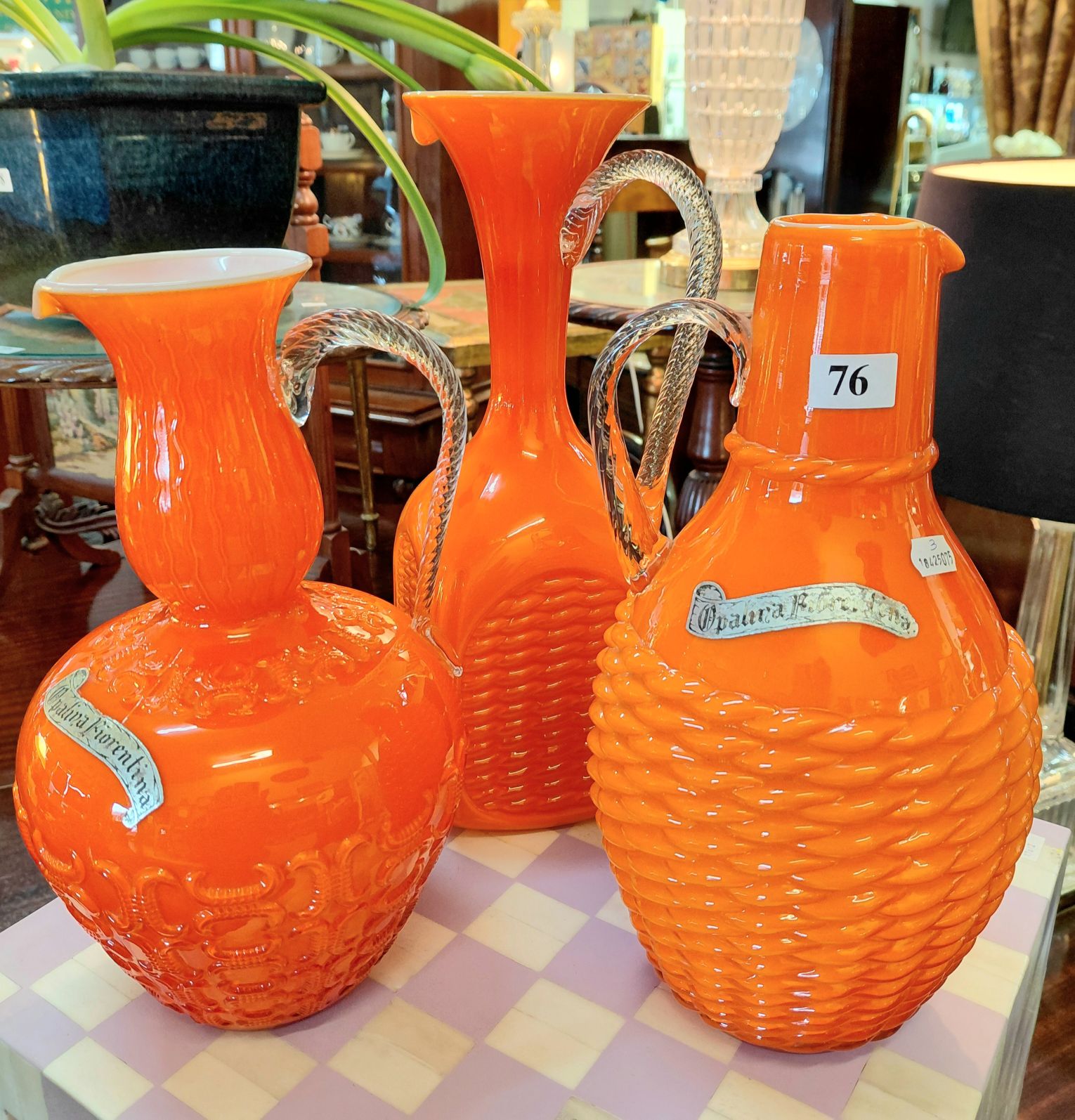 76 · 3 OPALINA ORANGE GLASS VASES