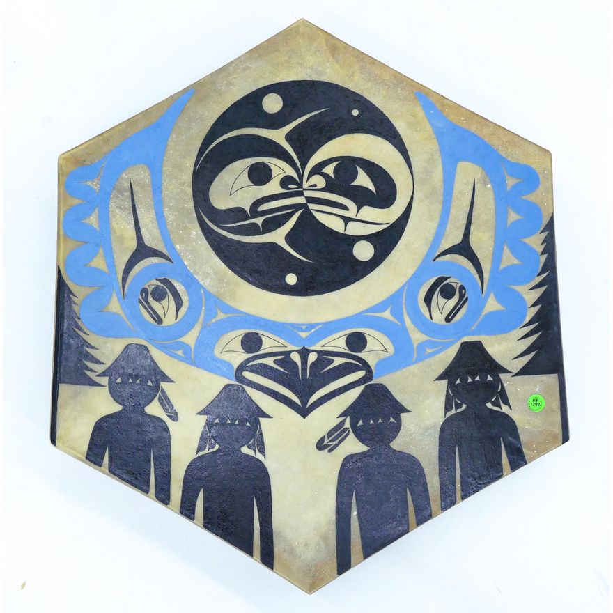 Phillip Solomon (Lummi) ''Blue Jay and the Moon'' 2013 Painted Drum 25''