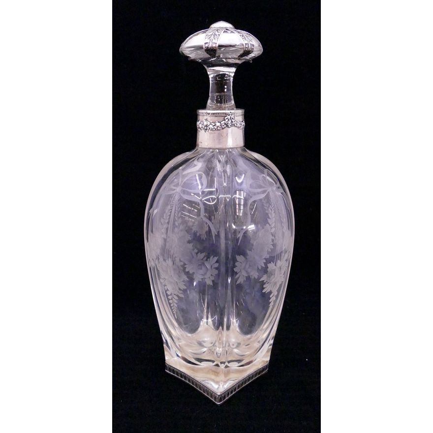 German Silver Overlay Intaglio Cut Decanter- 10''