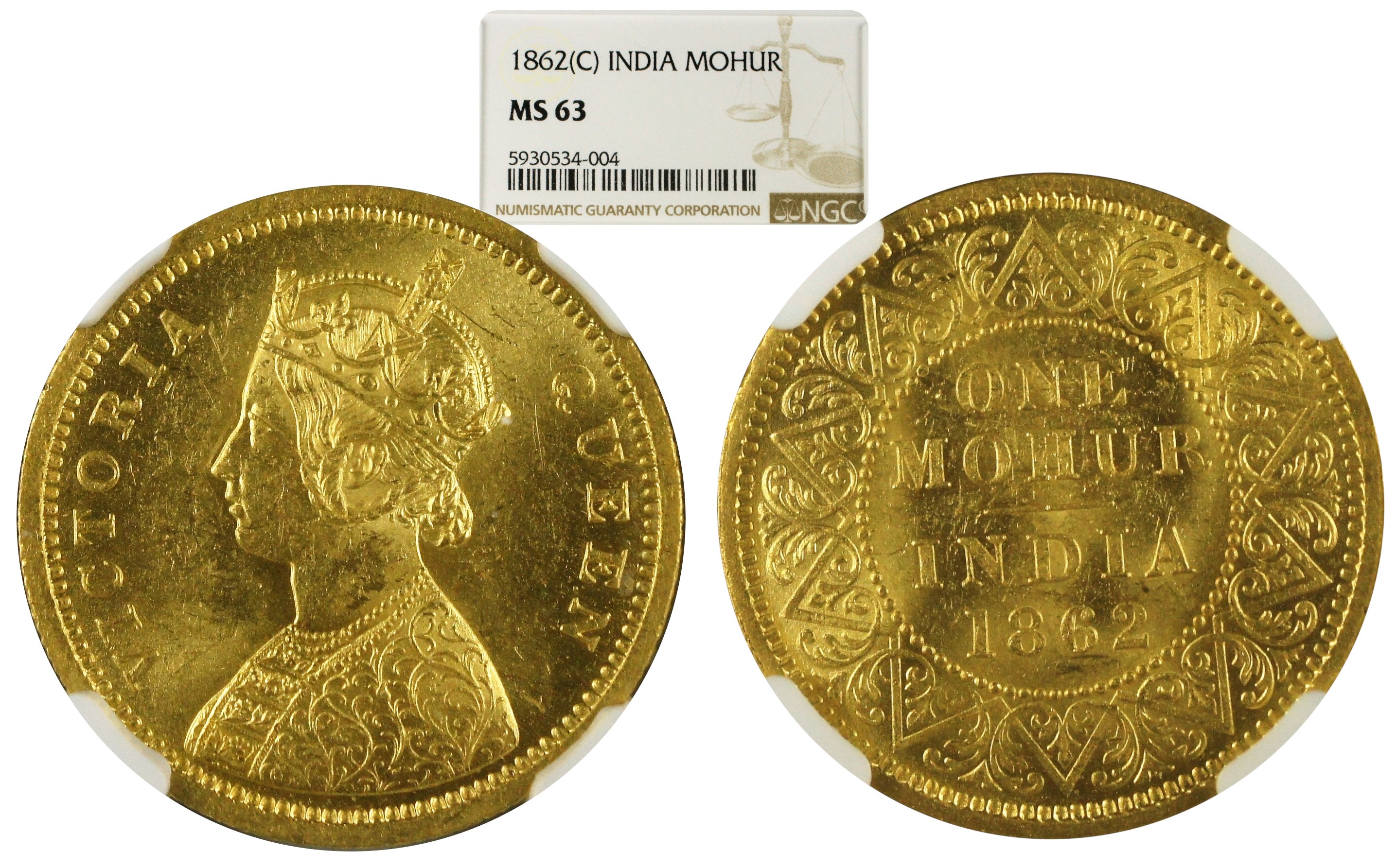 India British 1862 C Gold Mohur NGC MS63 - Rare Grade for the Type