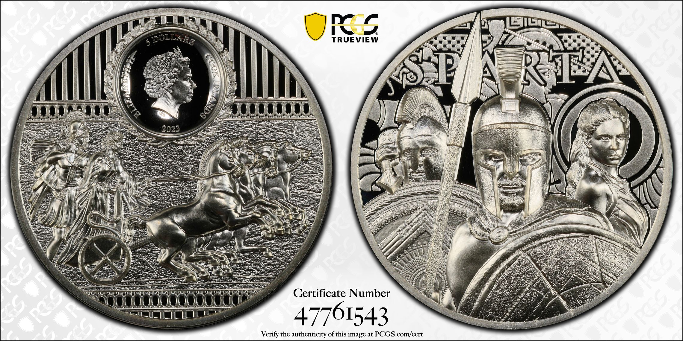 Cook Islands, Sparta - Ag 1oz POP 1/0, Five Dollar, 2023, PCGS PR70DCAM