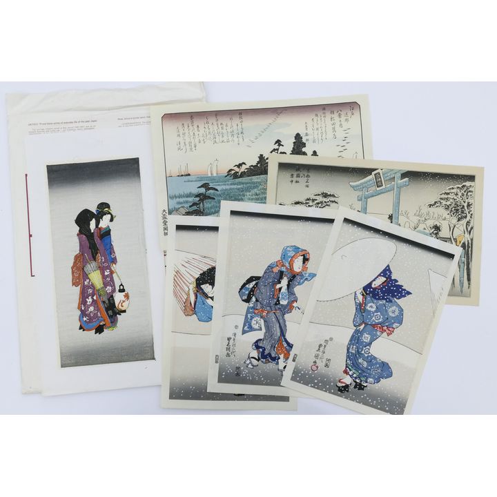 6pc Vintage Japanese Woodblock Prints 10''x15'' Largest - Geisha and Hiroshige