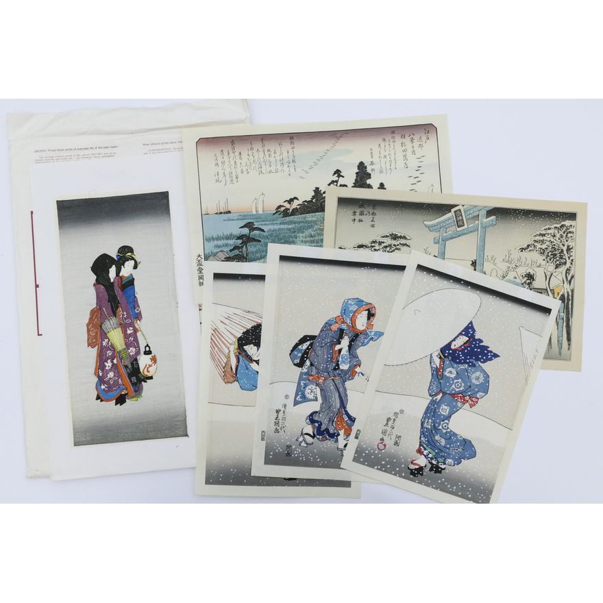 6pc Vintage Japanese Woodblock Prints 10''x15'' Largest - Geisha and Hiroshige