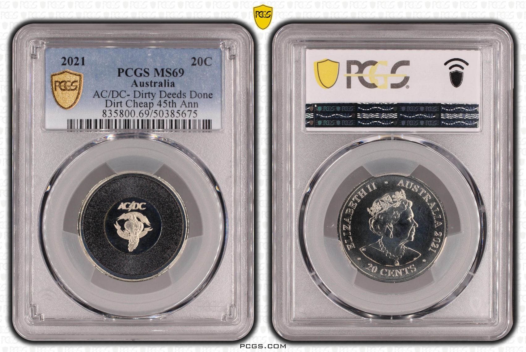 Elizabeth II, AC/DC- Dirty Deeds Done Dirt Cheap 45th Anniversary , Twenty Cent, 2021, PCGS MS69