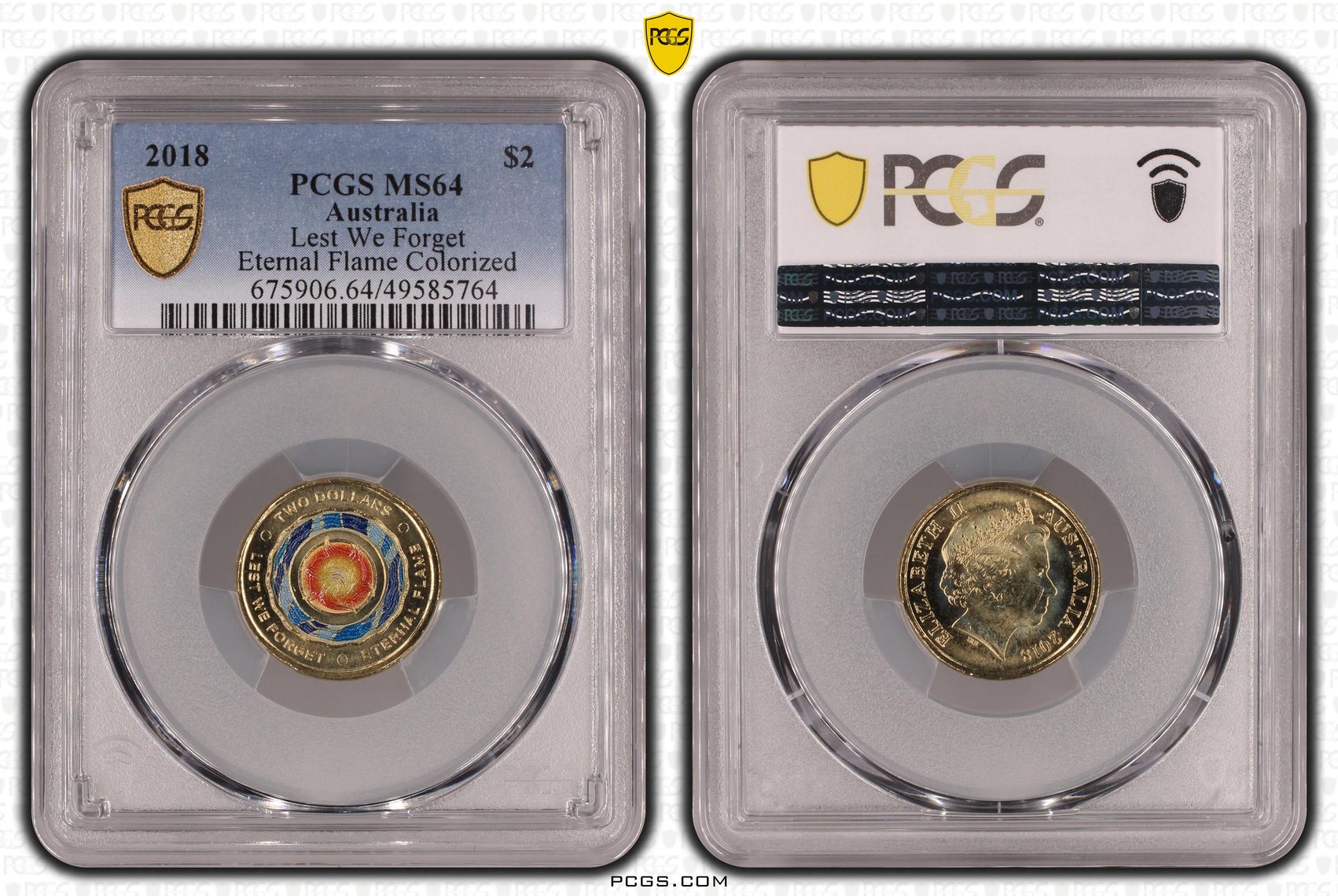 458 · Elizabeth II, Lest We Forget - Eternal Flame Colorized , Two Dollar, 2018, PCGS MS64