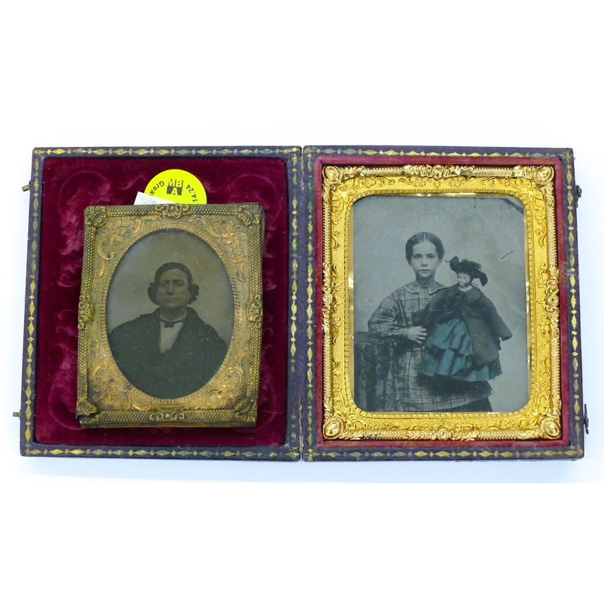 2pc Antique Tintype Photos 2.5'' and 3.5'' - Girl with Doll etc.