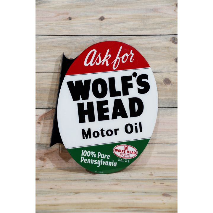 1954 Ask for Wolf's Head Motor Oil Metal Diecut Flange Sign TAC 9.25