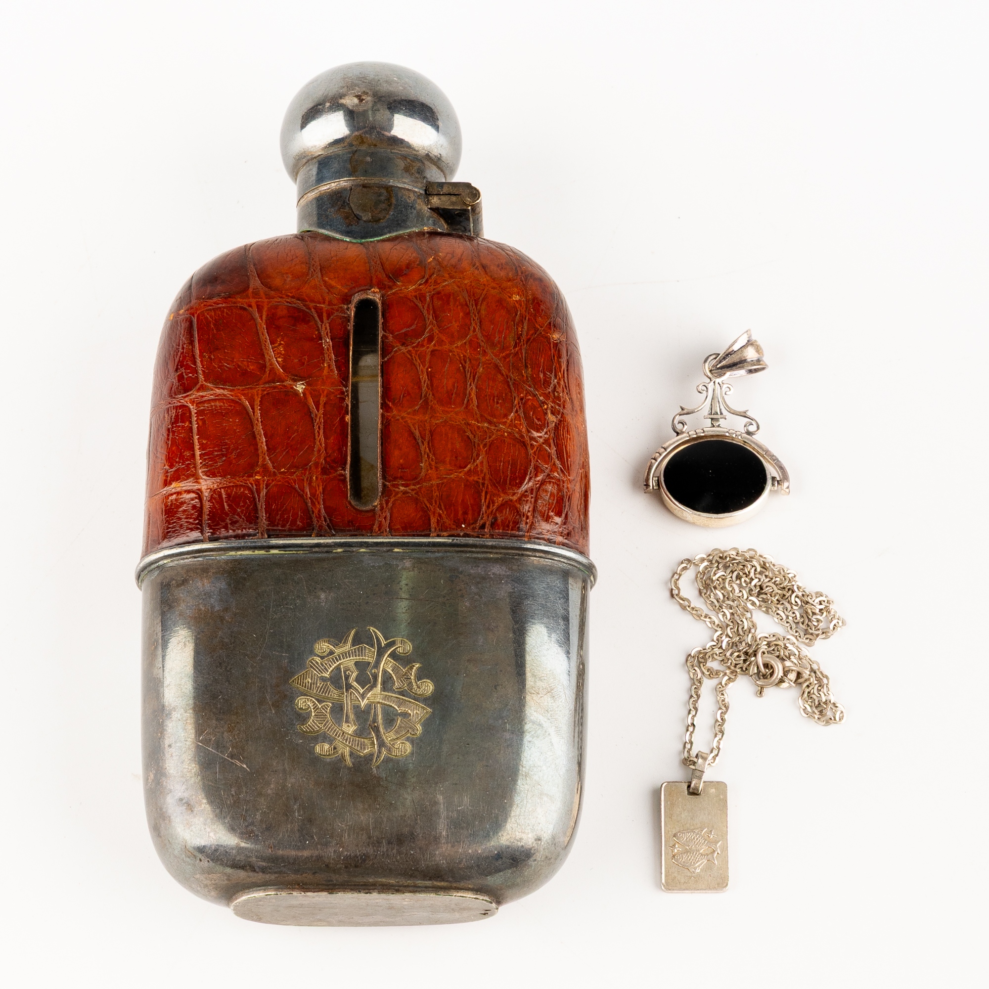 177 · Silver & Leather Hip Flask and Jewelery , 1900S,  VF