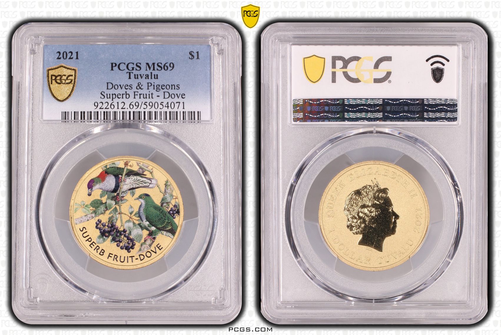 Tuvalu, Doves & Pigeons Superb Fruit - Dove Colorized, POP 12/0, One Dollar, 2021, PCGS MS69
