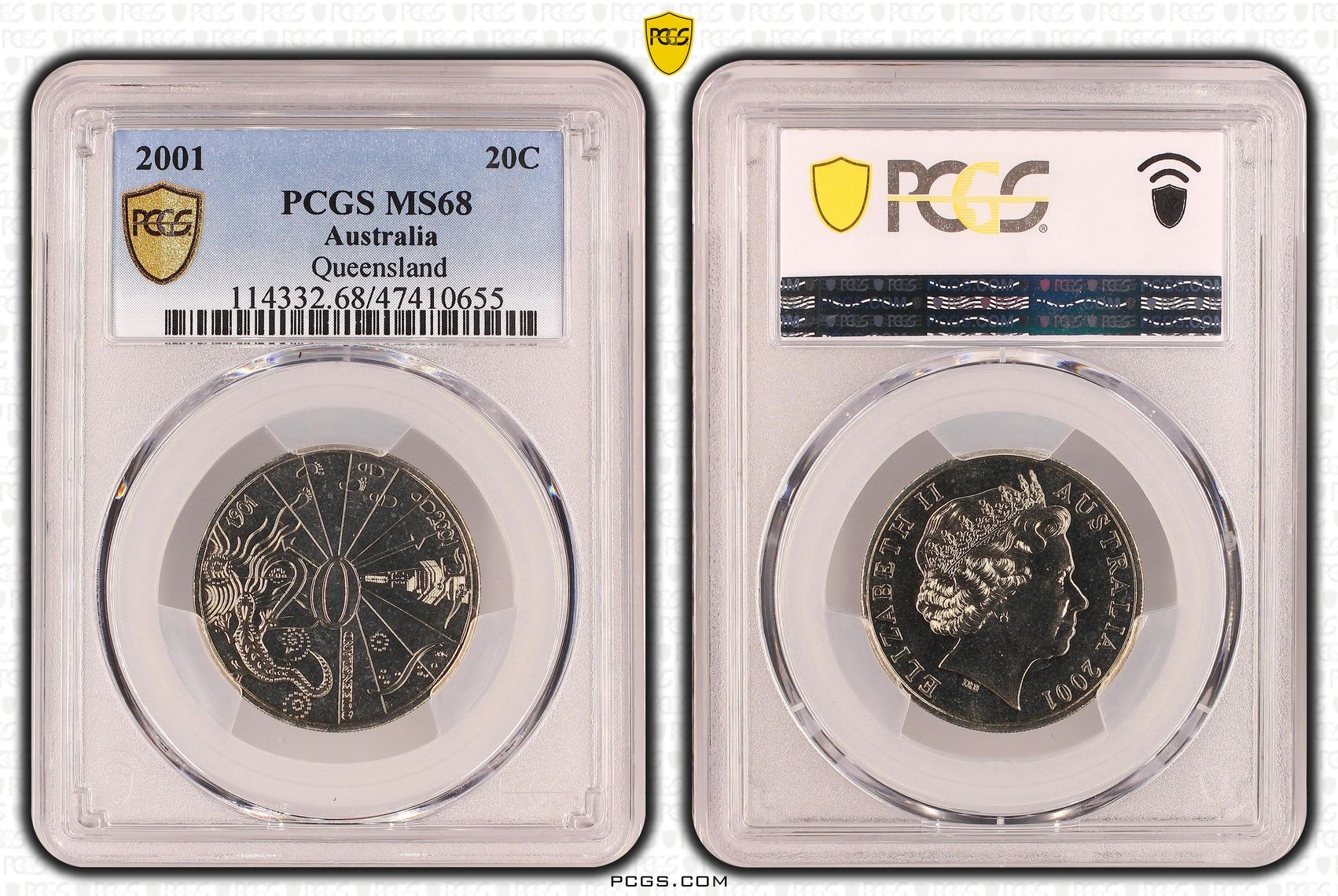 68 · Elizabeth II, Queensland, Twenty Cent, 2001, PCGS MS68