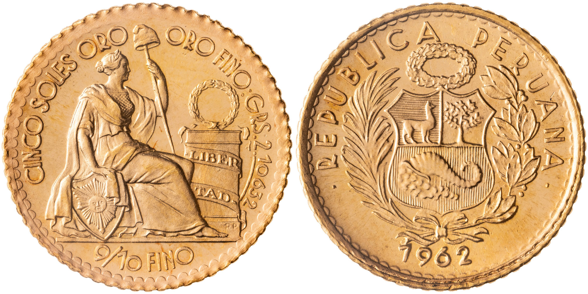 Peru, Oro, Five Soles, 1962, UNC