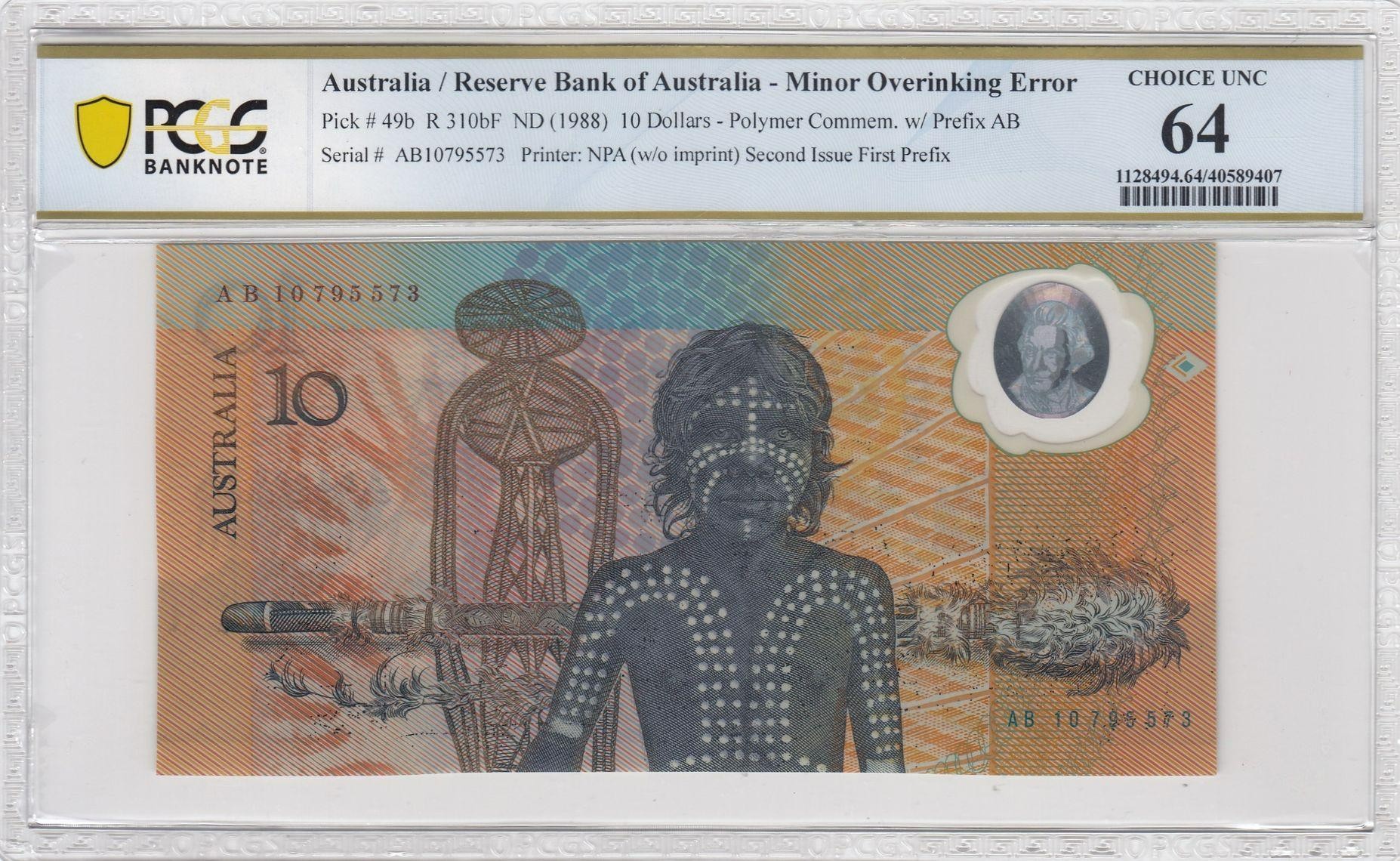 170 · RBA, Minor Overinking Error, NPA (w/o imprint), Commem. w/ Prefix AB, Second Issue First Prefix, Ten Dollar, ND (1988), PCGS - Choice UNC 64