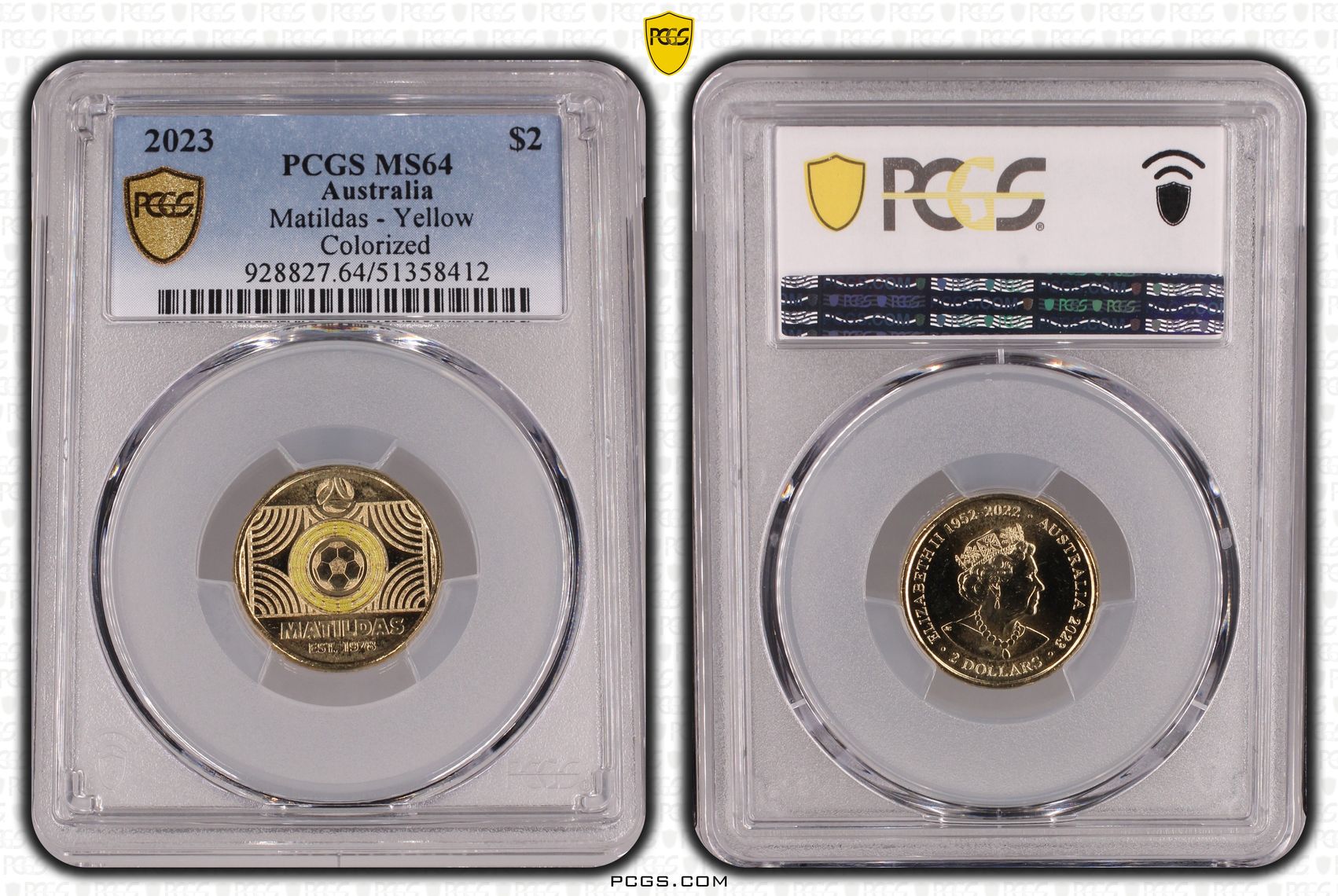 Matildas - Yellow Colorized, Two Dollar, 2023, PCGS MS64