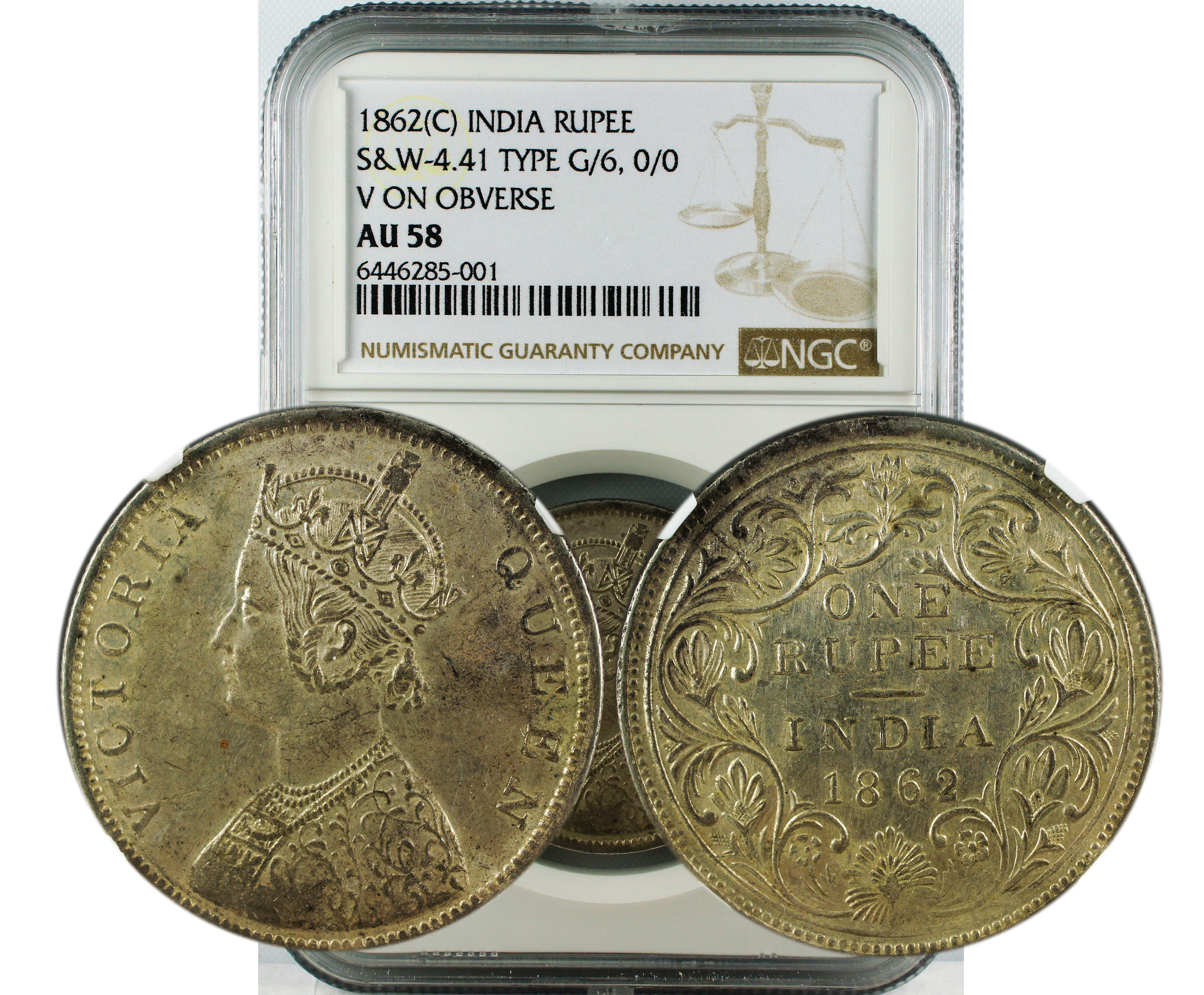 1862 C INDIA RUPEE S&W 4.41 TYPE G/6, O/O V ON OBVERSE AU58
