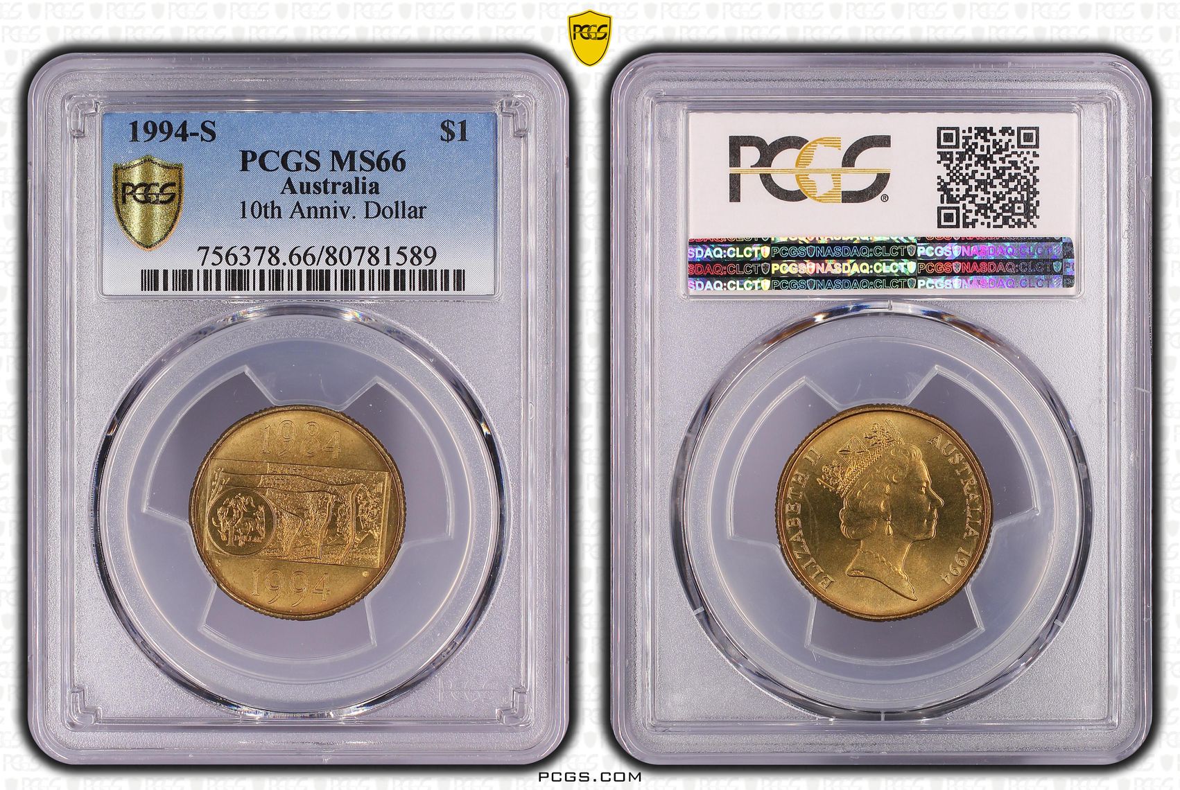 1994-S Australia One Dollar, $1 10th Anniv. Dollar PCGS - MS66 -589