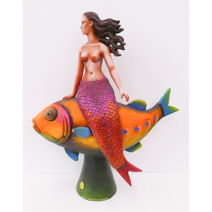 Sergio Bustamante Mermaid Riding a Fish Sculpture- 21x18''
