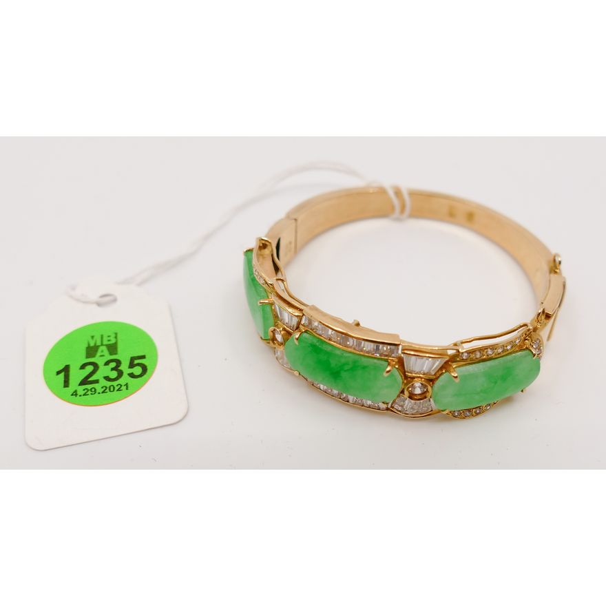 18K Jade Cabochon & CZ Bracelet- 2'' - 25.3g