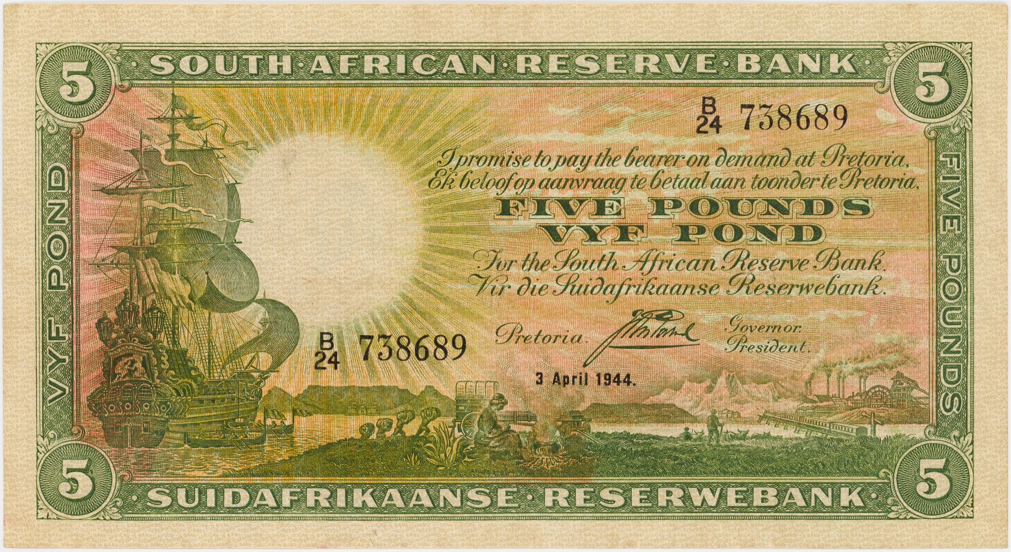 South Africa, Reserve Bank, Five Pounds, 1944, VF