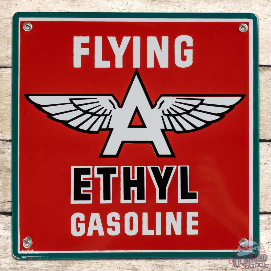 Excellent Flying A Ethyl Gasoline Single Sided Porcelain Pump Plate Sign w/ Logo
