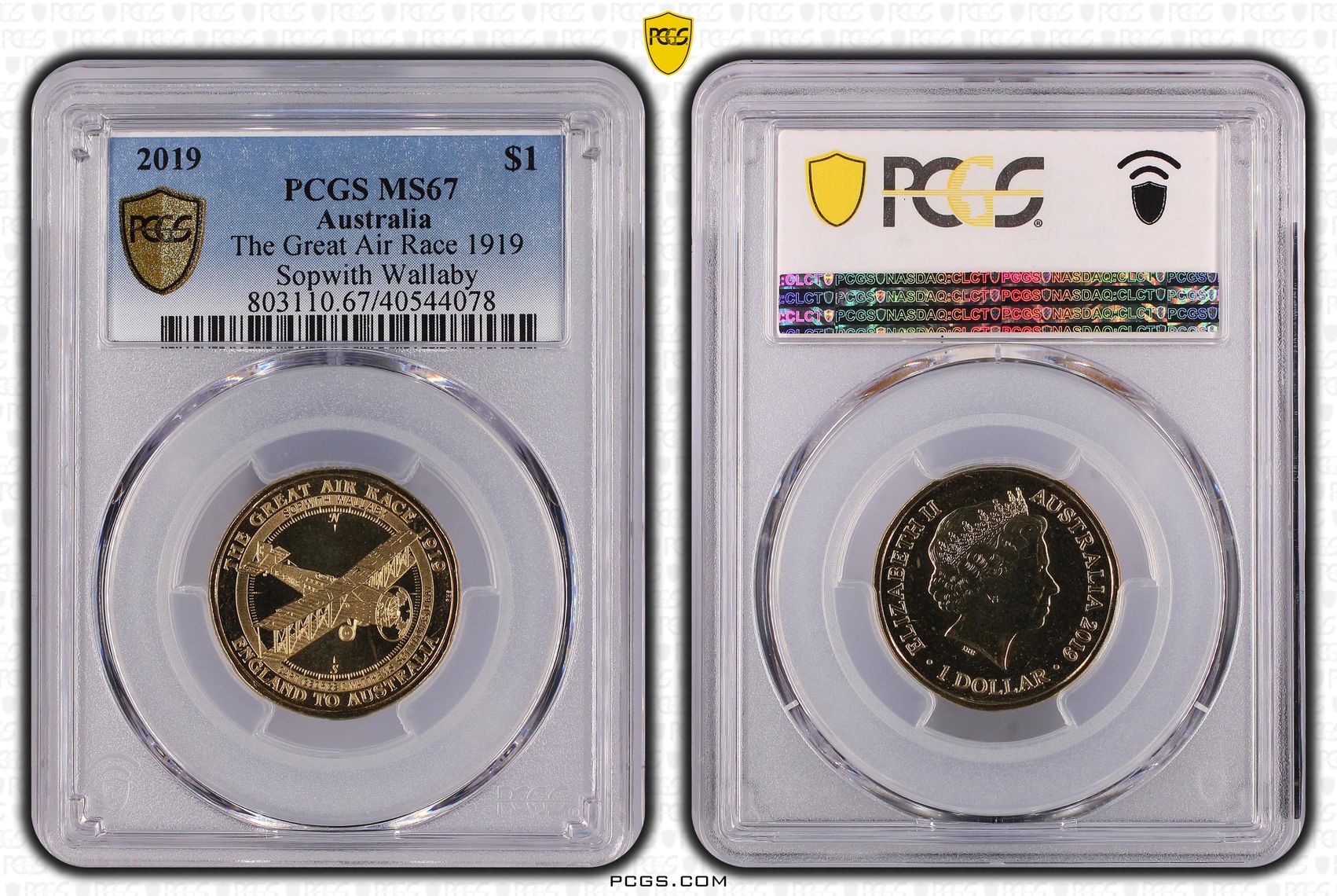 408 · 2019 Australia One Dollar, $1 The Great Air Race 1919 Sopwith Wallaby PCGS - MS67 -078