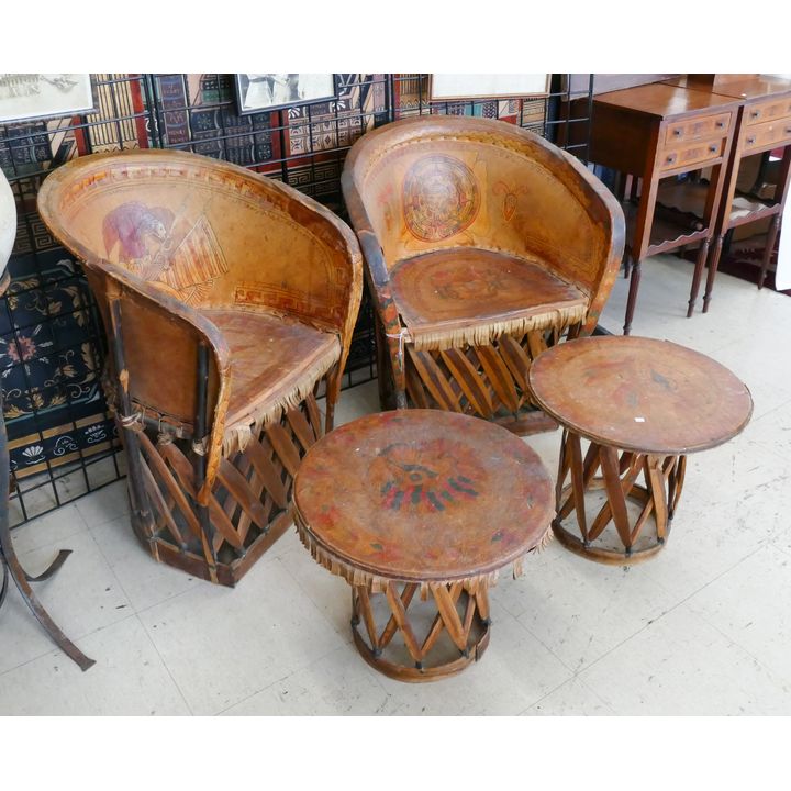 4pc Vintage Mexican Painted Leather Chair (31x25x22'') & Table (15x17.5'') Set