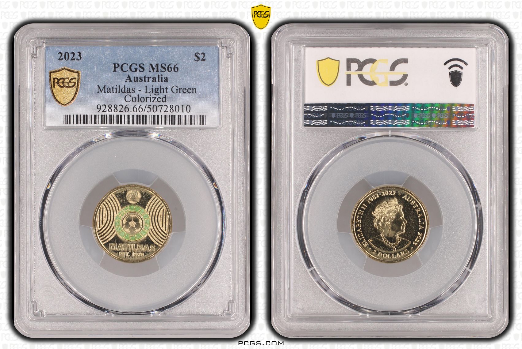 Matildas - Light Green Colorized, Two Dollar, 2023, PCGS MS66