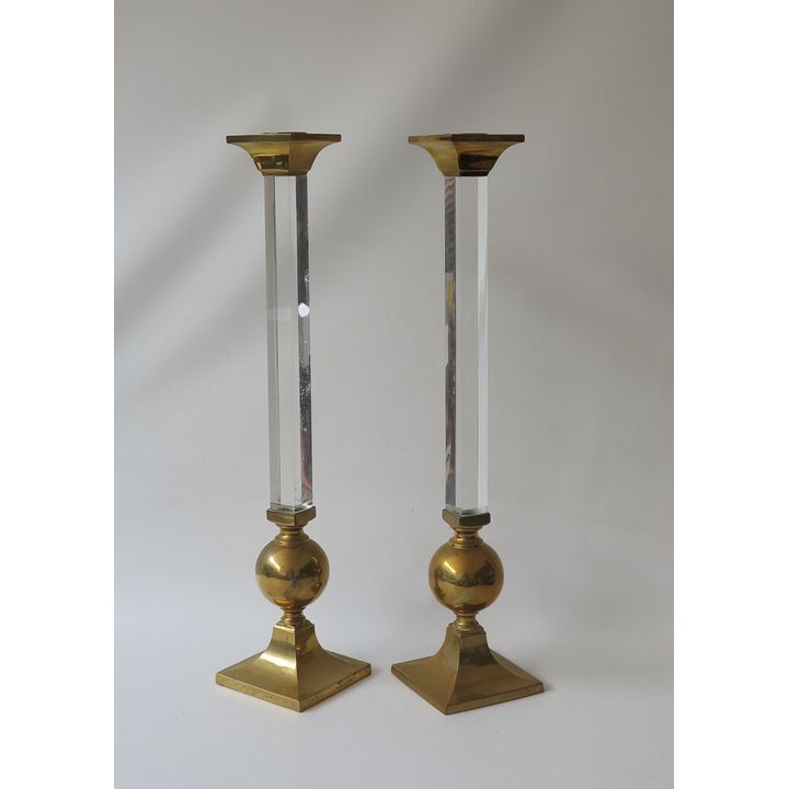 PAIR OF LARGE BRASS AND PERSPEX CANDLESTICKS