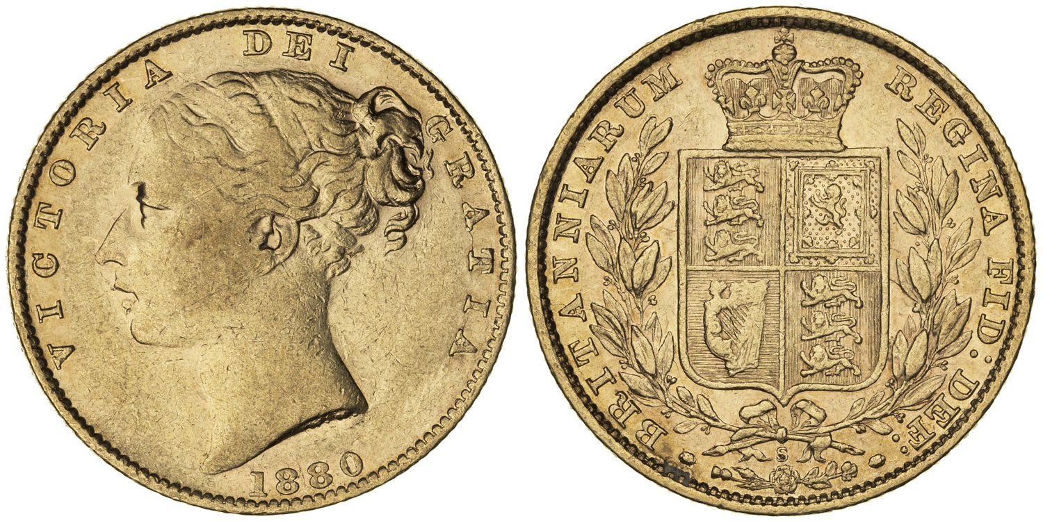 Victoria, Shield Reverse, Sovereign, 1880-S, aVF