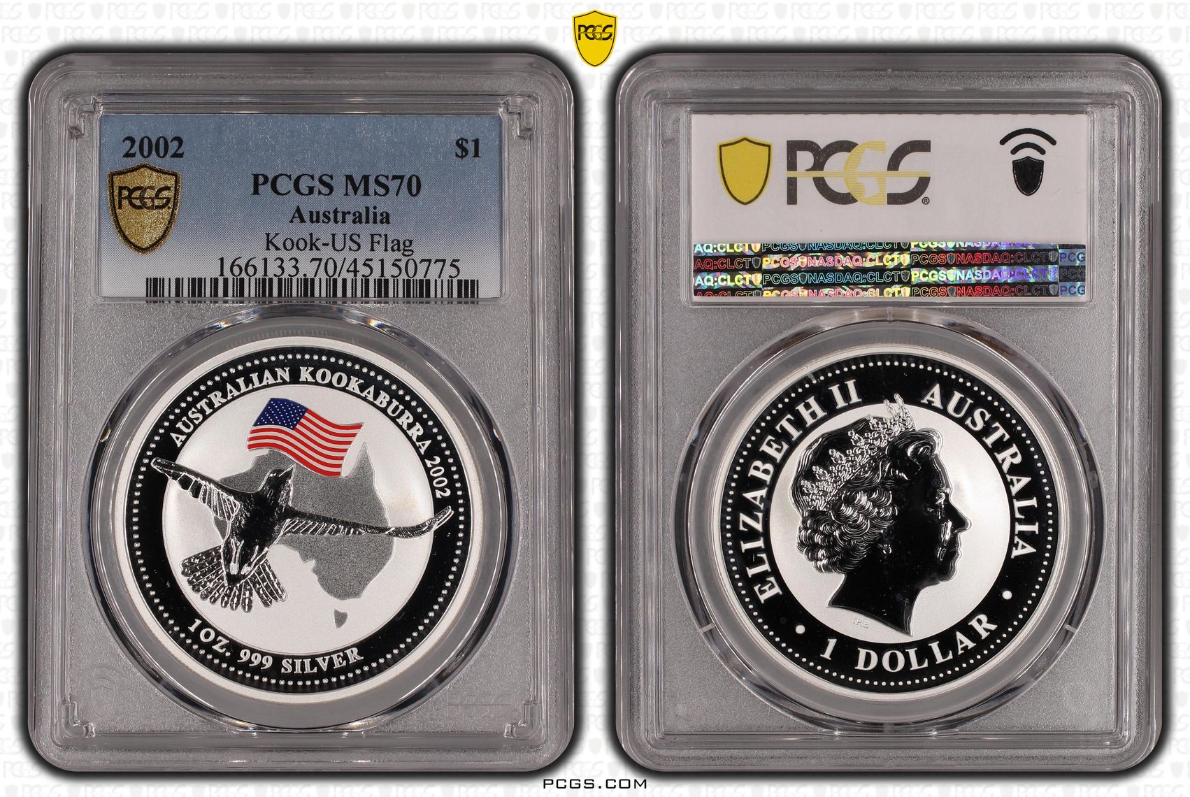 2002 Australia One Dollar, $1 Kook-US Flag PCGS - MS70 POP 1/0 -775