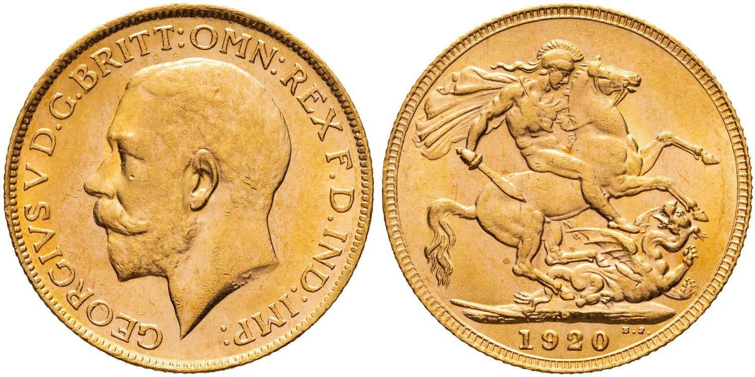 George V, St George Reverse, Sovereign, 1920-P, aUNC