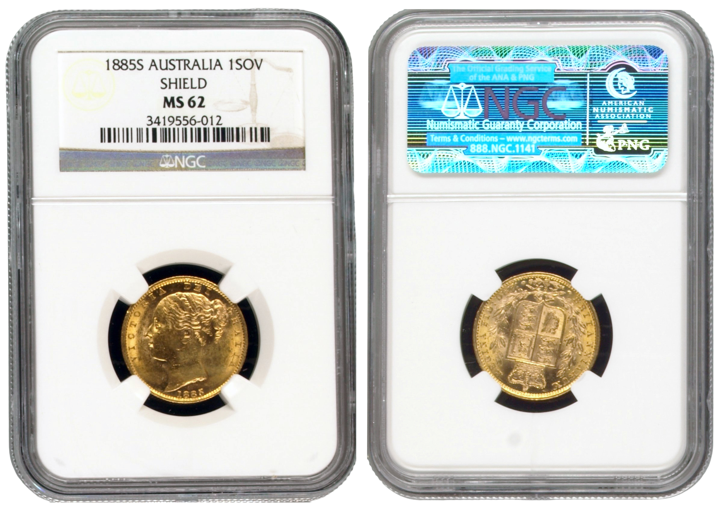 58 · Victoria, Shield Reverse, Sovereign, 1885-S, NGC MS62