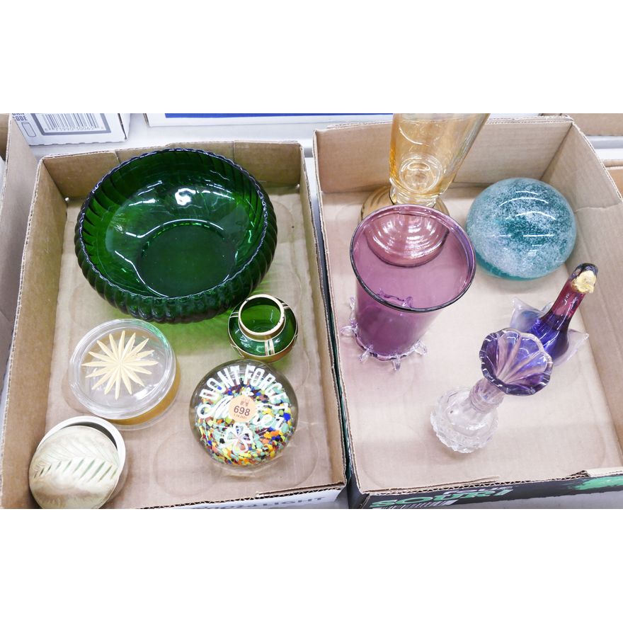 2 Boxes Old Glass Paperweights Etc