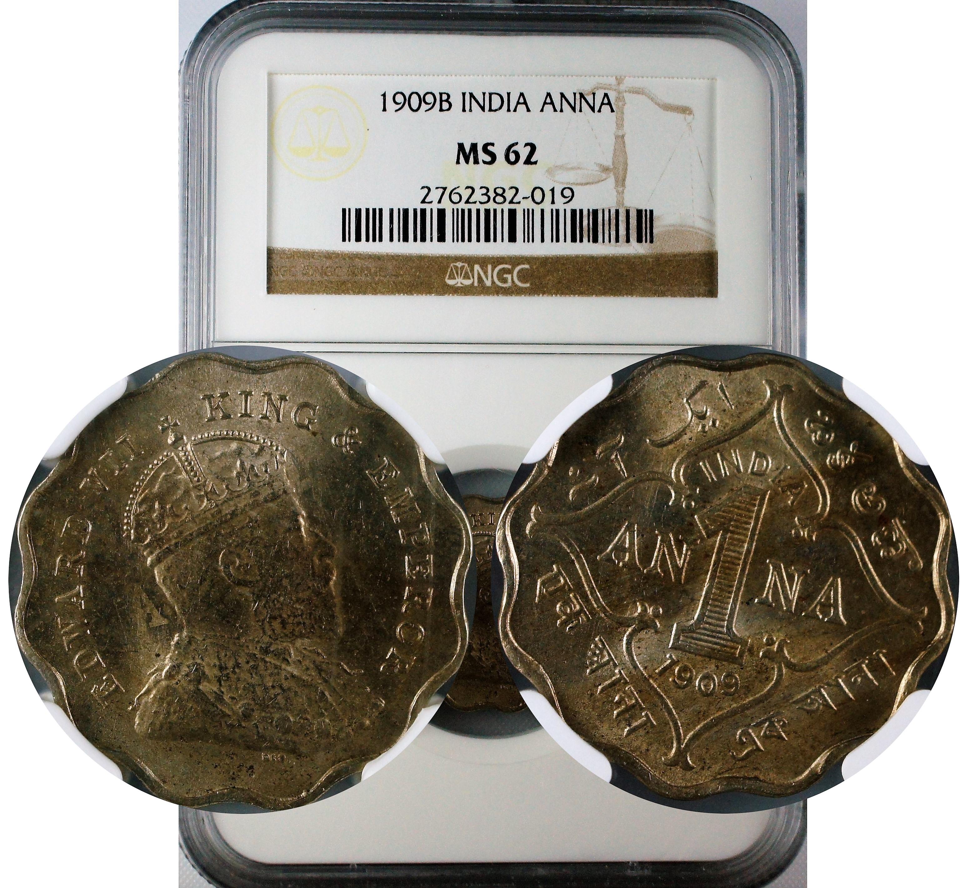 India 1909 B Anna NGC MS62
