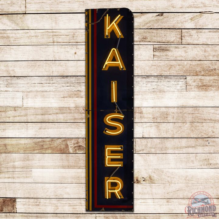 Unusual 9.75' Vertical Kaiser Dealership Single Sided Porcelain Neon Sign