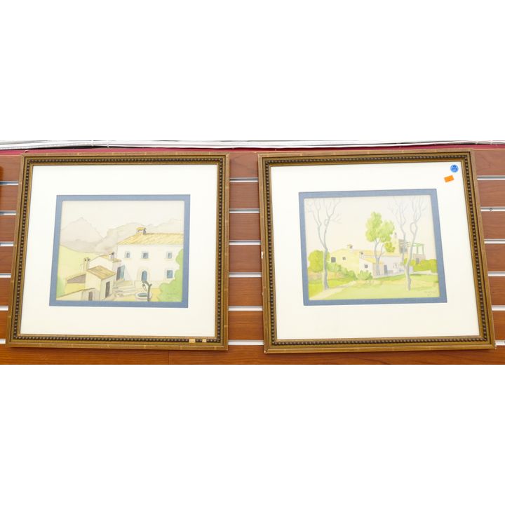 Pair Mercont French Scene Watercolors Framed 18''x20''