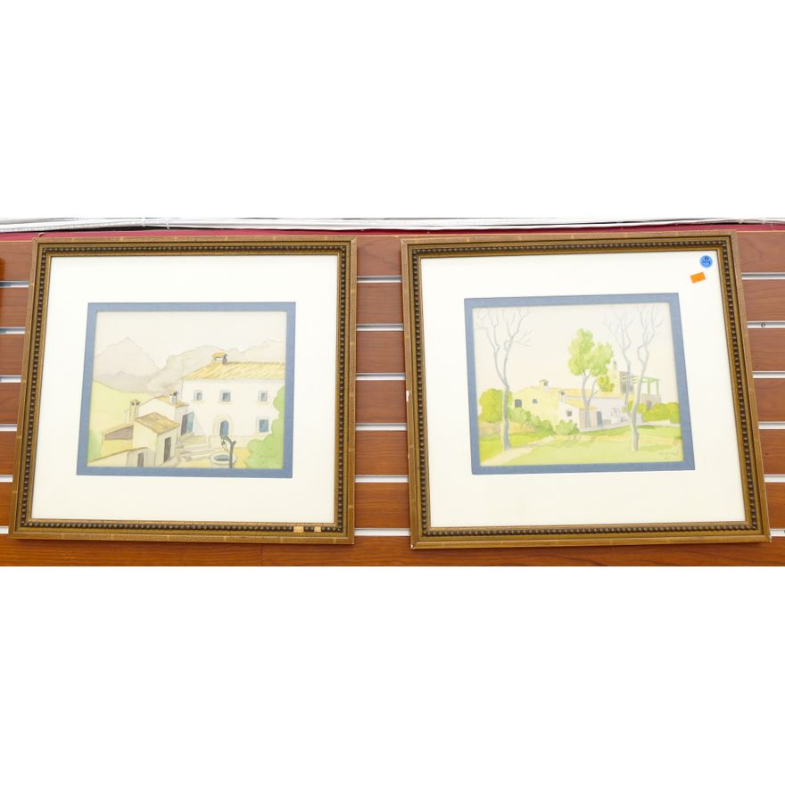Pair Mercont French Scene Watercolors Framed 18''x20''