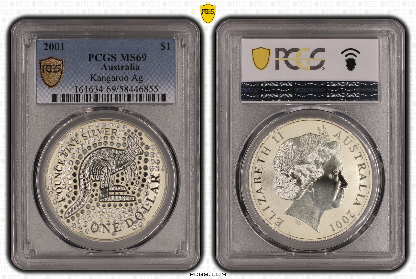 Elizabeth II, Kangaroo Silver-Aboriginal Design, One Dollar, 2001, PCGS MS69