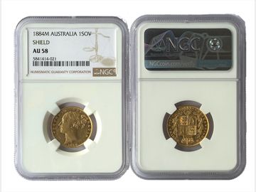 1884 Queen Victoria Young Head Sydney Mint Shield Gold Sovereign NGC AU58