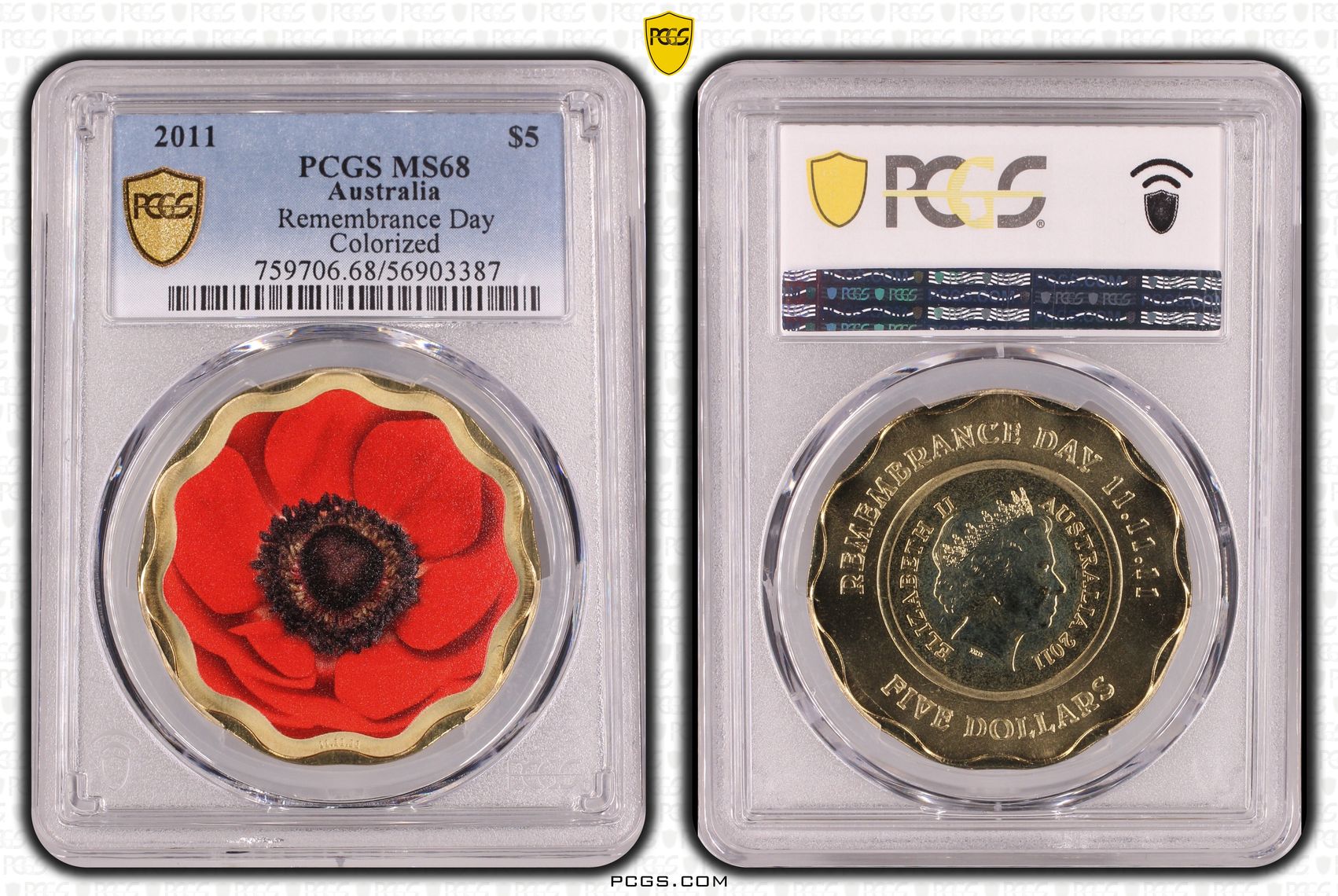 Remembrance Day - Colorized, Five Dollar, 2011, PCGS MS68