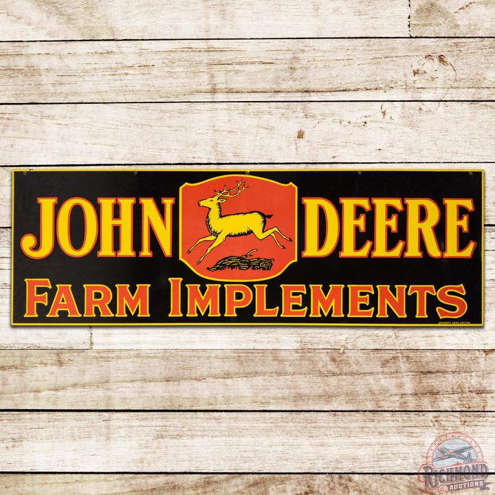 Outstanding John Deere Farm Implements DS Porcelain Sign w/ 4 Legged Deer Logo